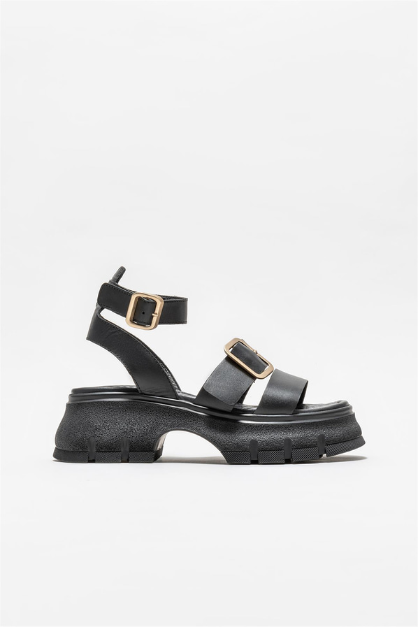 Siyah deri kadın sandalet - Elle Shoes