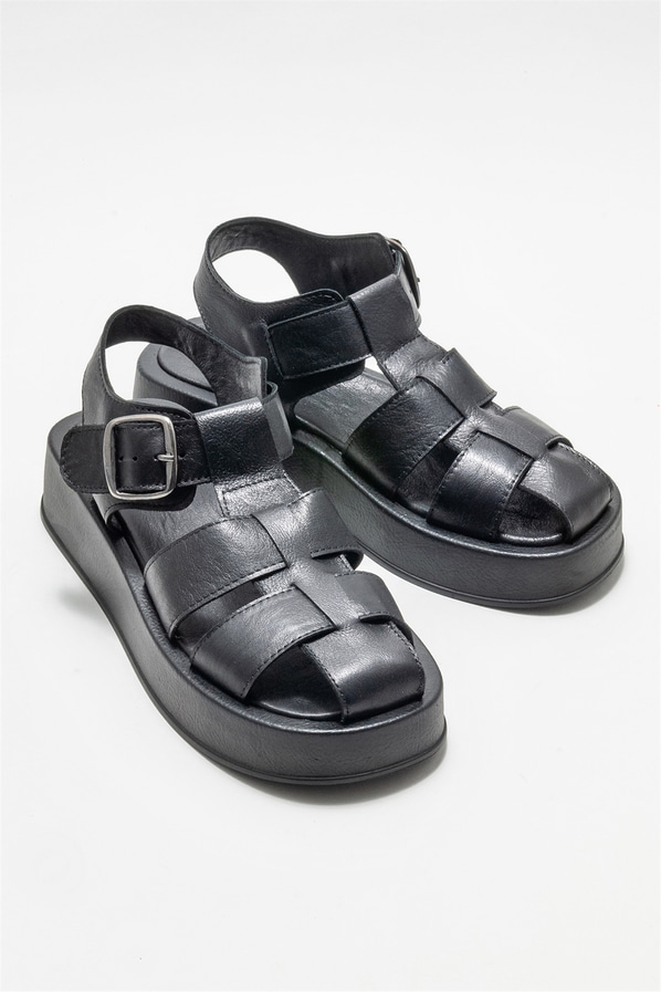 Siyah deri kadın sandalet - Elle Shoes