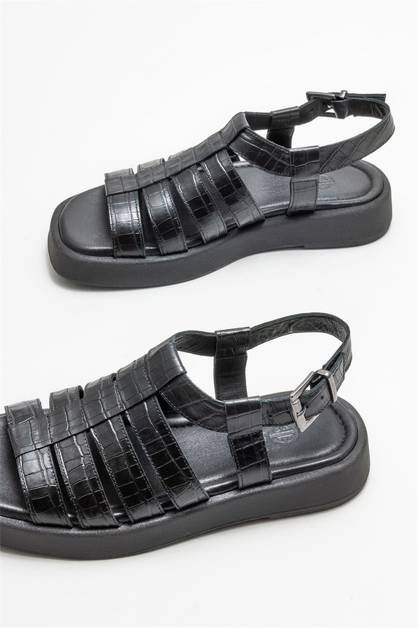 Siyah deri kadın sandalet - Elle Shoes