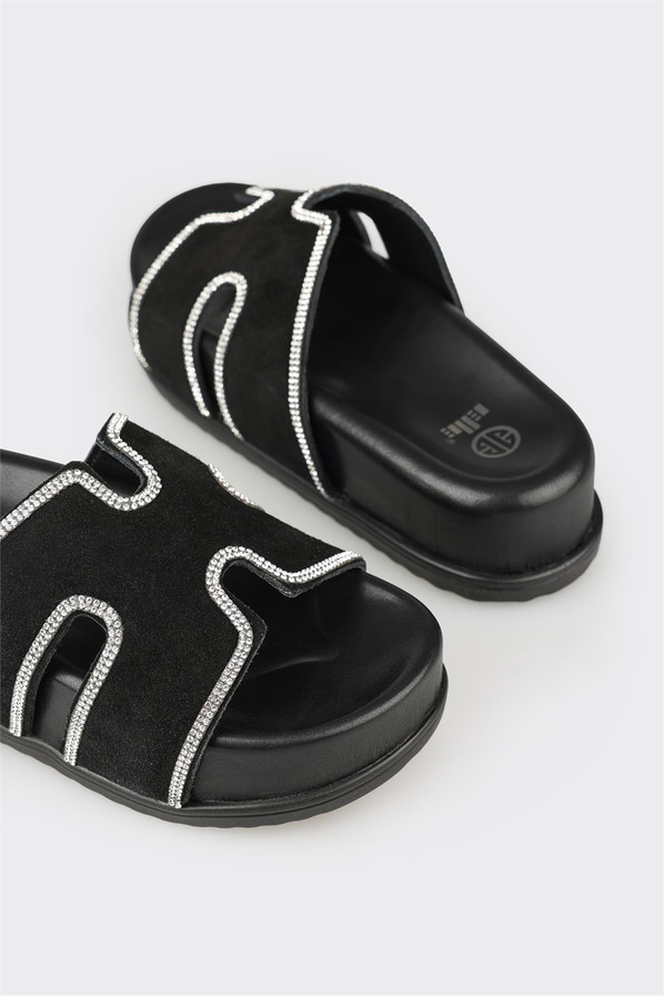 Siyah deri yumuşak dokulu örgü kadın terlik, ofis stili için - Elle Shoes