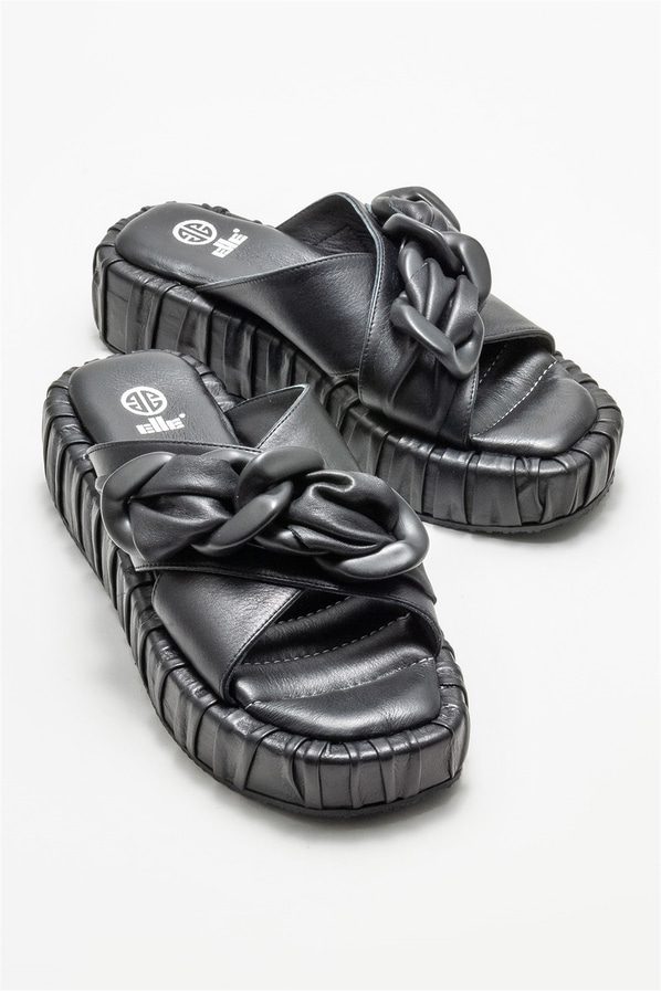 Siyah deri kadın düz terlik - Elle Shoes