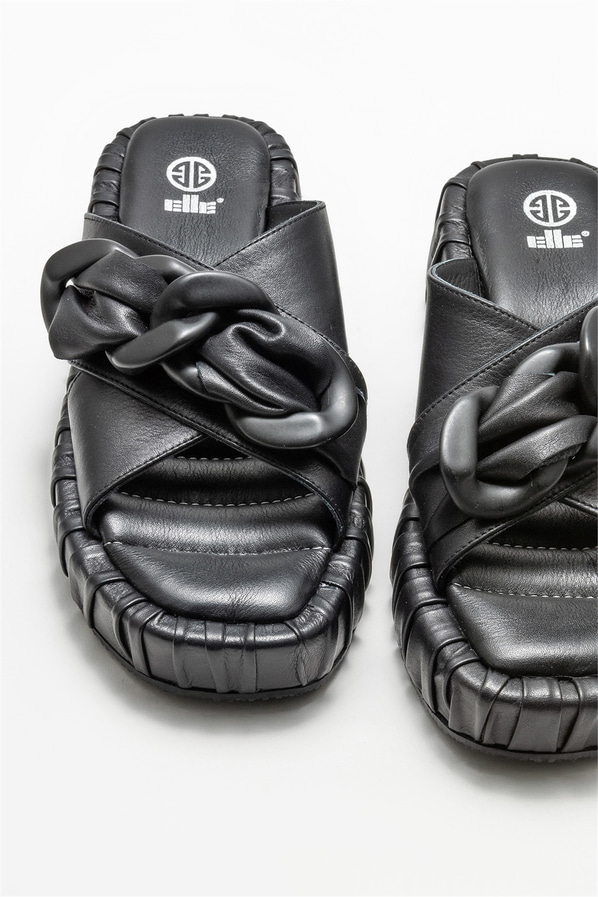 Siyah deri kadın düz terlik - Elle Shoes