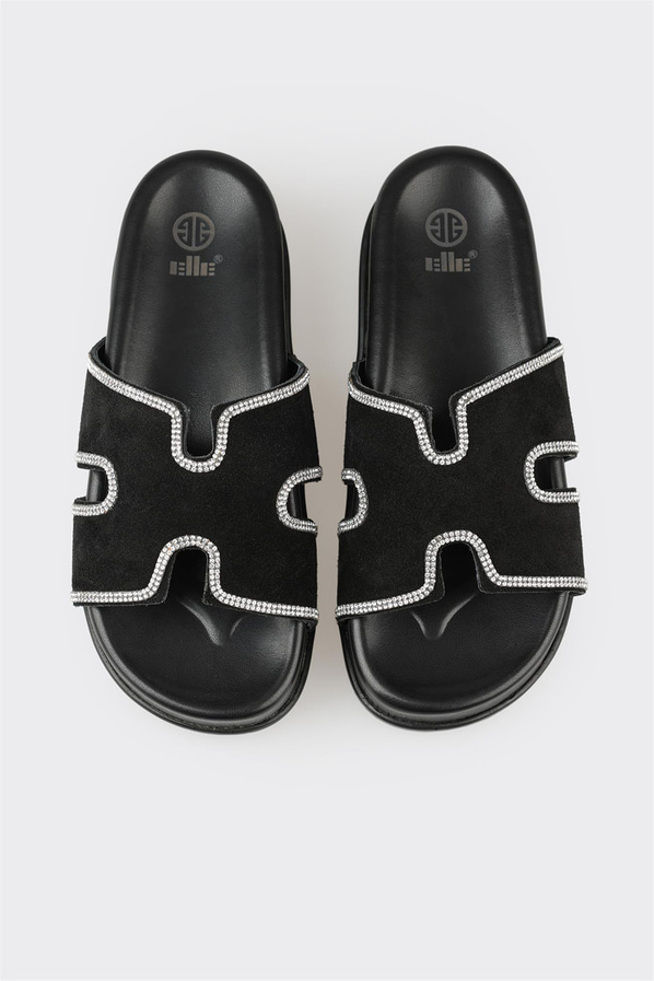 Siyah deri yumuşak dokulu örgü kadın terlik, ofis stili için - Elle Shoes