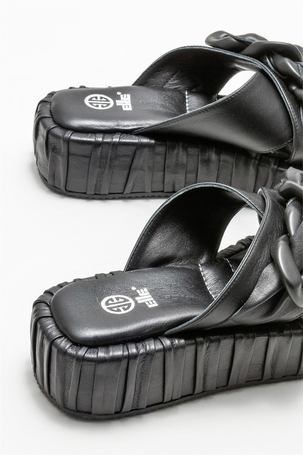 Siyah deri kadın düz terlik - Elle Shoes