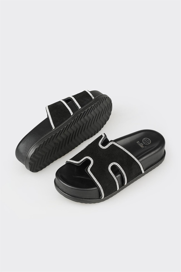 Siyah deri yumuşak dokulu örgü kadın terlik, ofis stili için - Elle Shoes