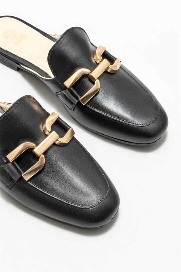 Siyah deri kadın düz terlik - Elle Shoes