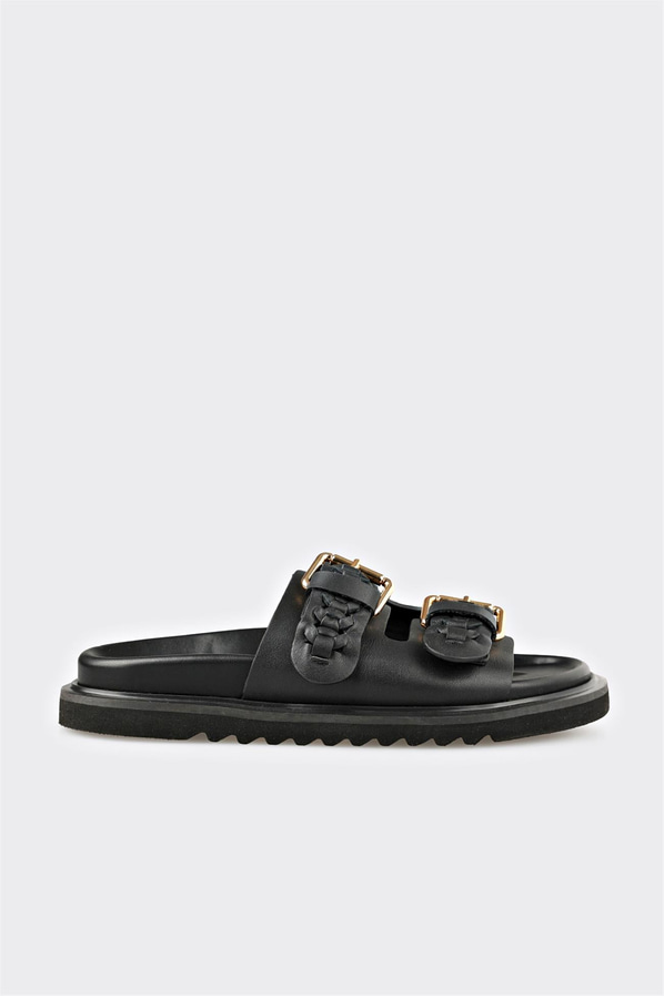 Siyah kahve deri düz kadın terlik, rahat kullanım için - Elle Shoes
