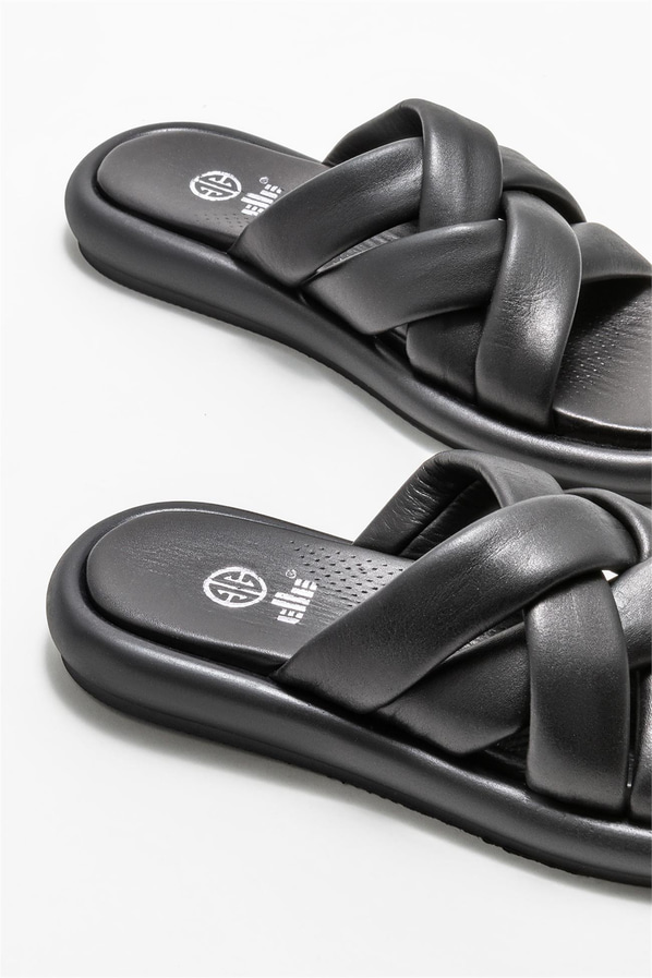 Siyah deri kadın düz terlik, rahat kullanım için - Elle Shoes