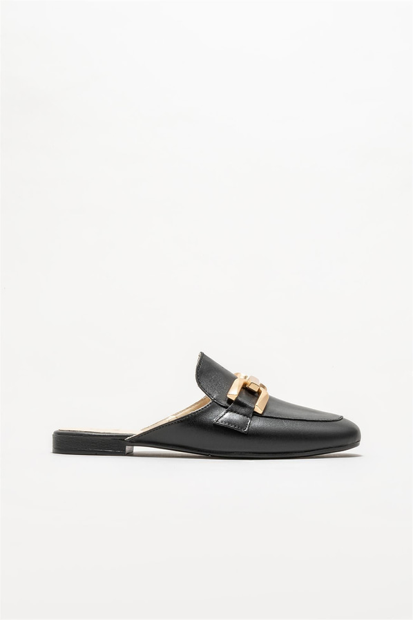 Siyah deri kadın düz terlik - Elle Shoes