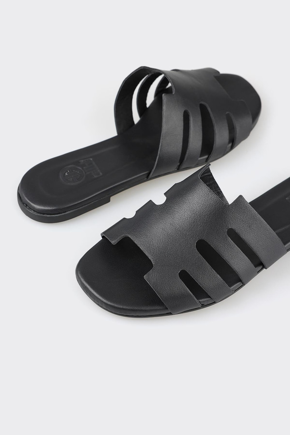 Siyah deri kadın düz terlik - Elle Shoes