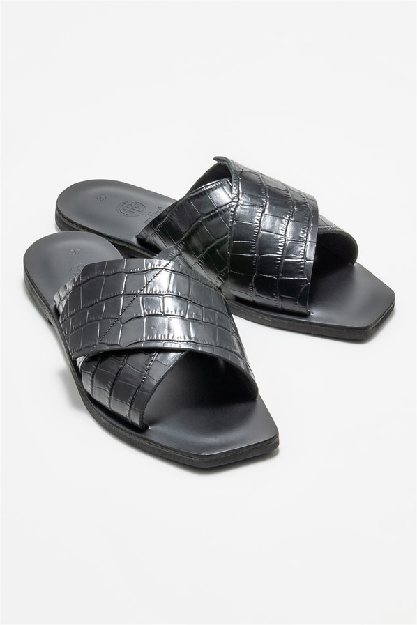 Siyah deri kadın düz terlik - Elle Shoes