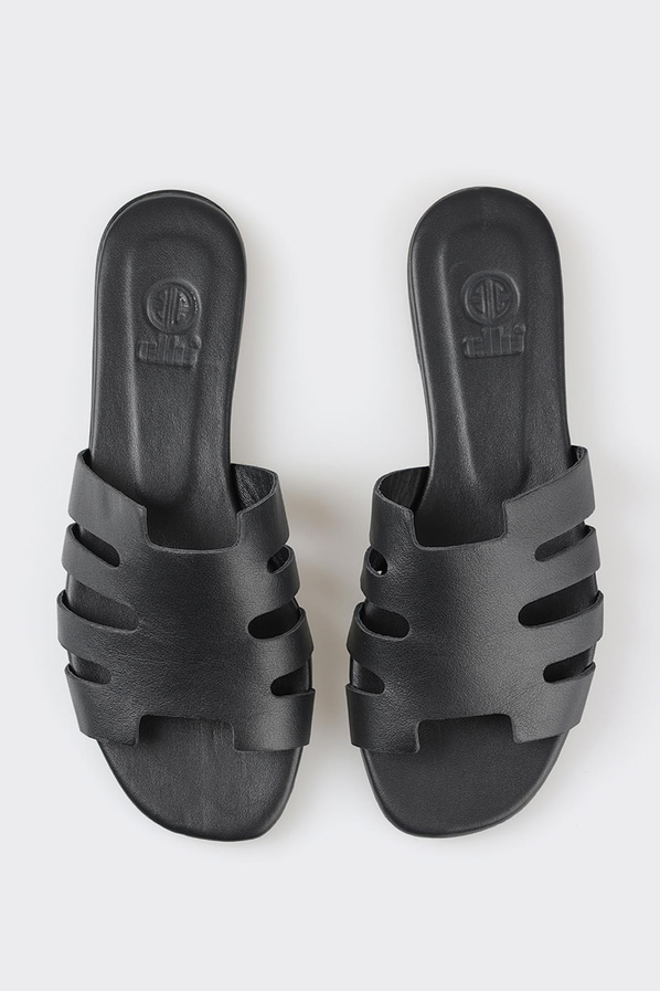 Siyah deri kadın düz terlik - Elle Shoes