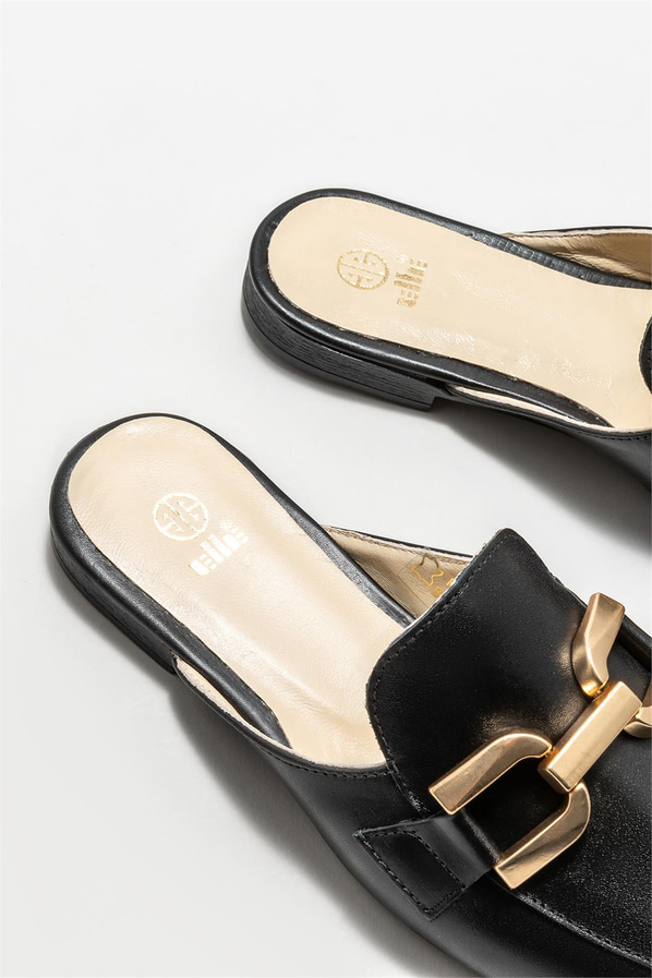 Siyah deri kadın düz terlik - Elle Shoes