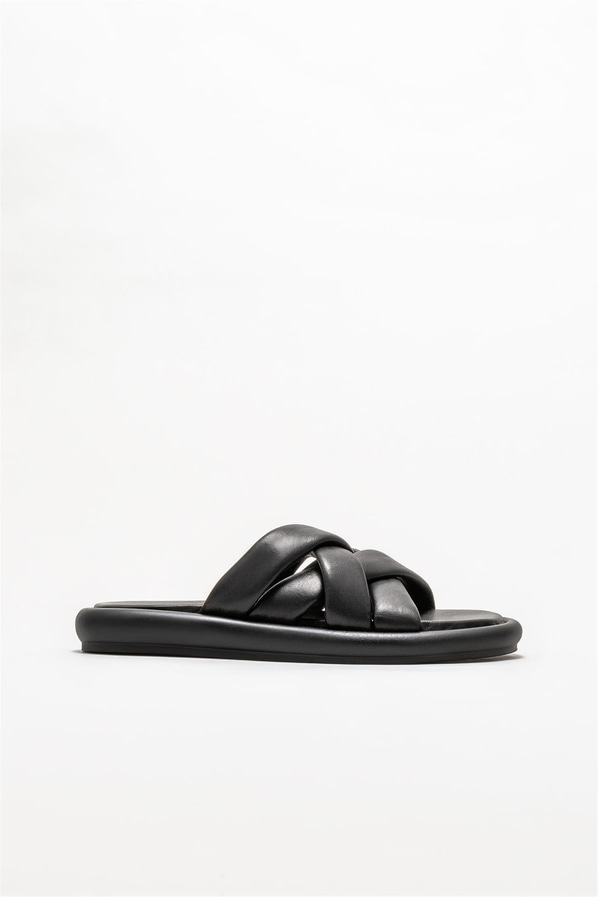Siyah deri kadın düz terlik, rahat kullanım için - Elle Shoes