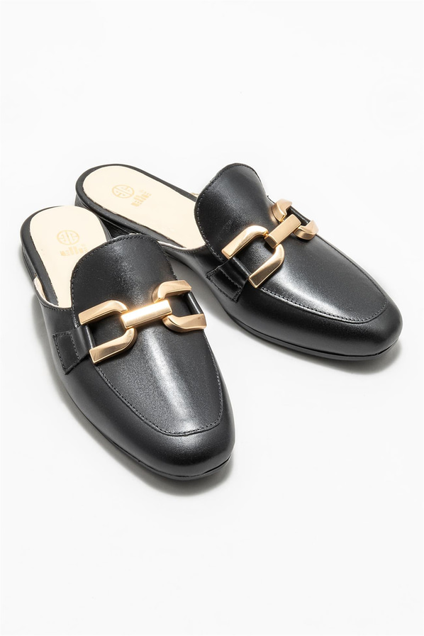 Siyah deri kadın düz terlik - Elle Shoes