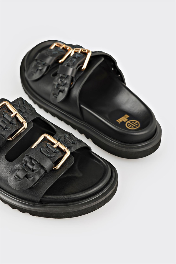 Siyah kahve deri düz kadın terlik, rahat kullanım için - Elle Shoes