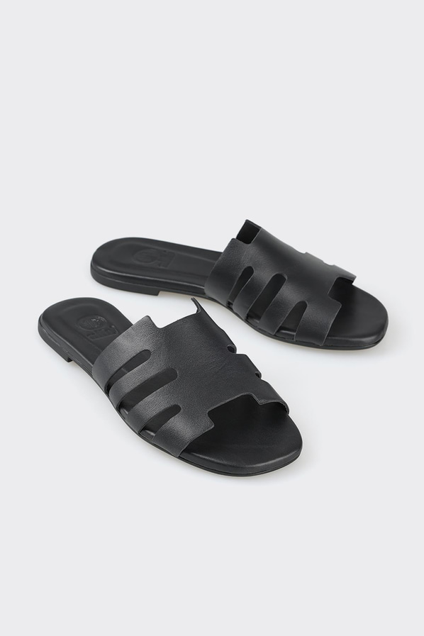 Siyah deri kadın düz terlik - Elle Shoes