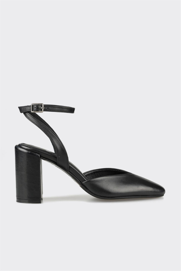 Siyah deri topuklu kadın ayakkabı - Elle Shoes
