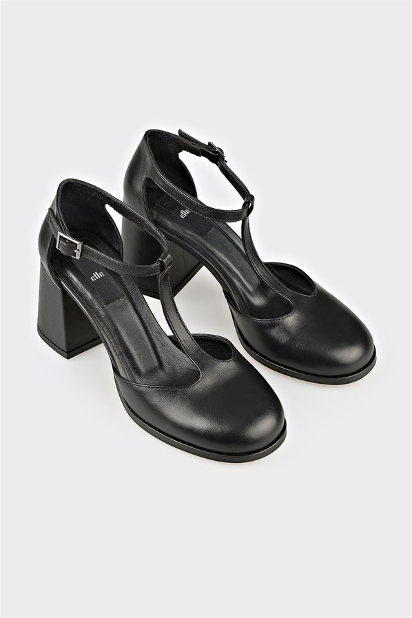 Siyah deri topuklu kadın ayakkabı - Elle Shoes