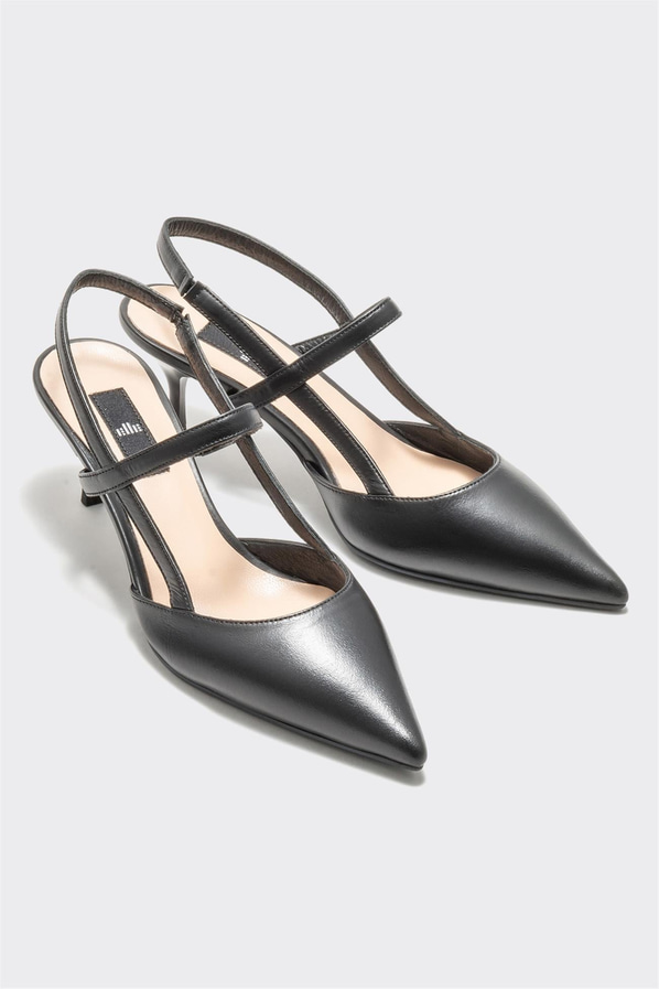 Siyah deri topuklu kadın ayakkabı, ofis stili için - Elle Shoes