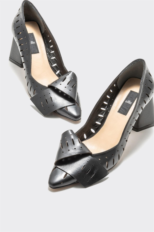 Siyah deri topuklu kadın ayakkabı - Elle Shoes