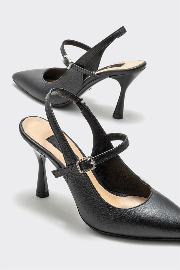 Siyah deri topuklu kadın ayakkabı - Elle Shoes