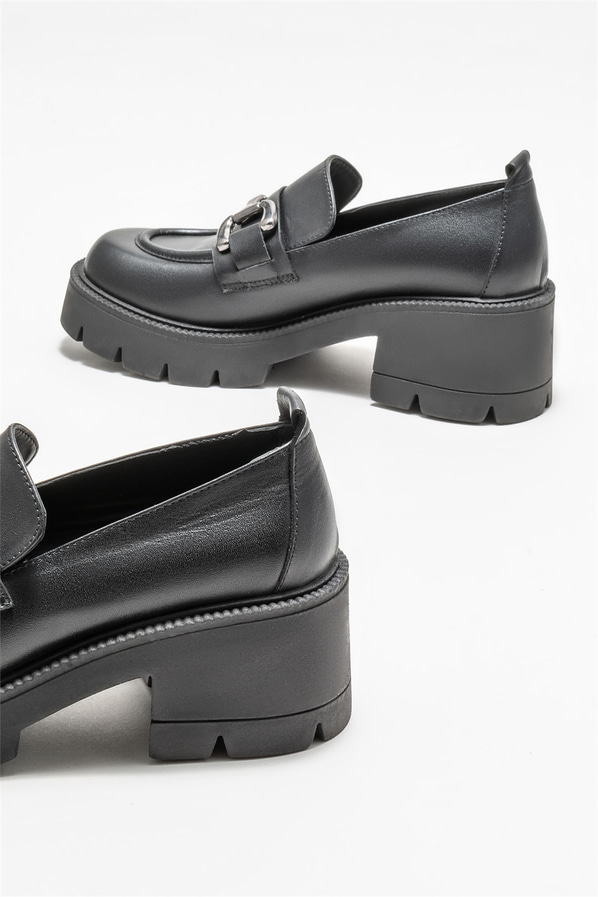 Siyah deri topuklu kadın ayakkabı - Elle Shoes