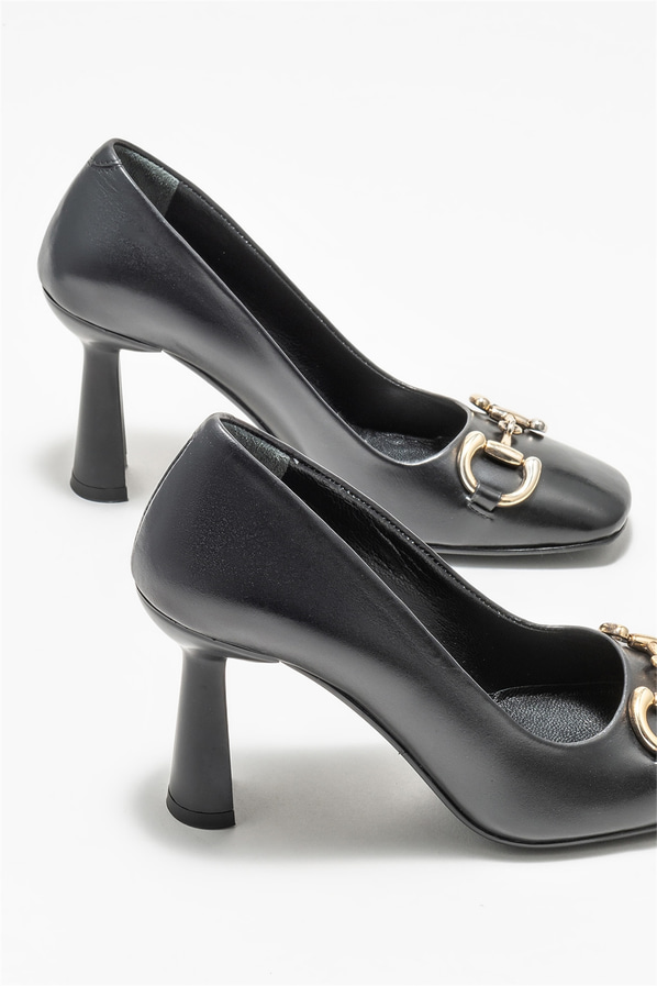 Siyah deri topuklu kadın ayakkabı - Elle Shoes