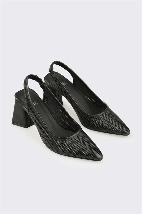 Siyah deri topuklu kadın ayakkabı - Elle Shoes