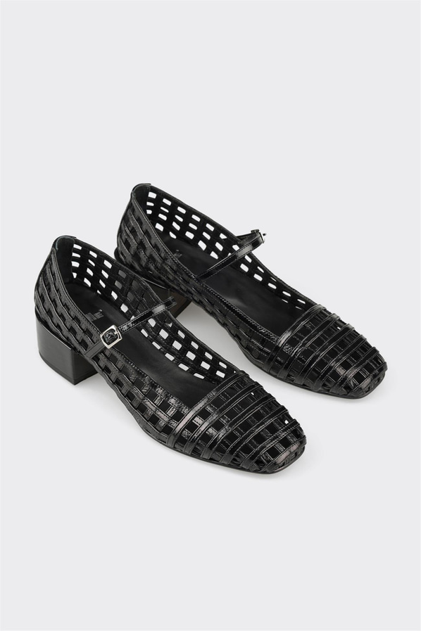 Siyah deri kalın topuklu kadın ayakkabı, rahat kullanım için - Elle Shoes