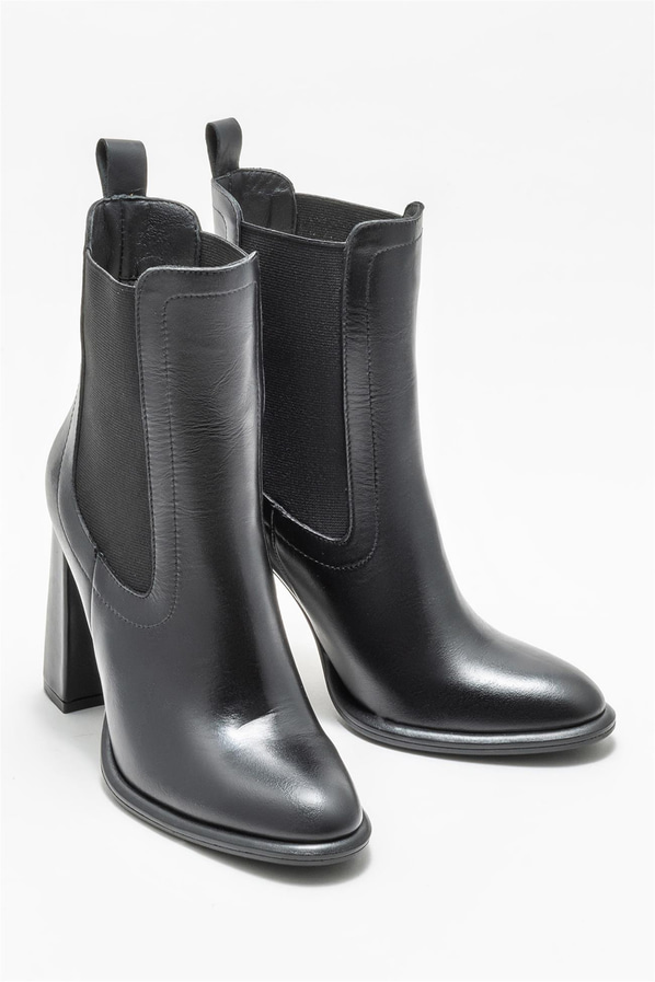 Siyah deri topuklu kadın bot - Elle Shoes