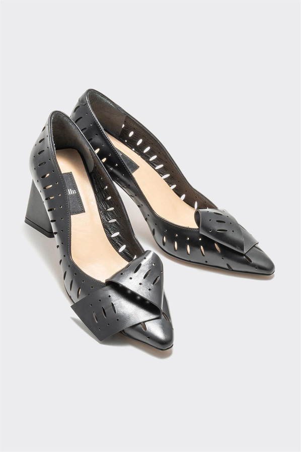Siyah deri topuklu kadın ayakkabı - Elle Shoes