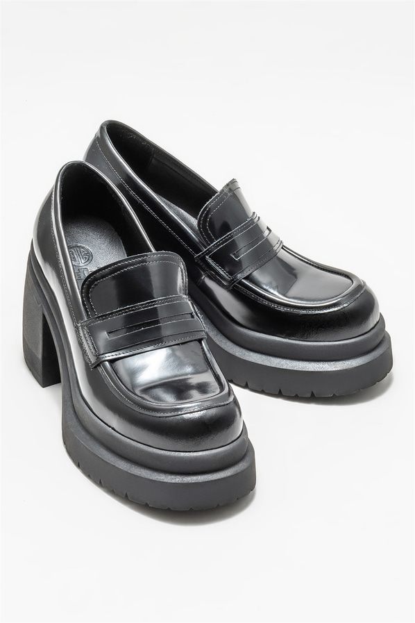 Siyah deri topuklu kadın ayakkabı - Elle Shoes