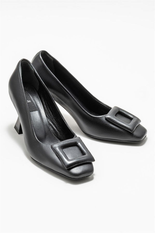 Siyah deri topuklu kadın ayakkabı - Elle Shoes
