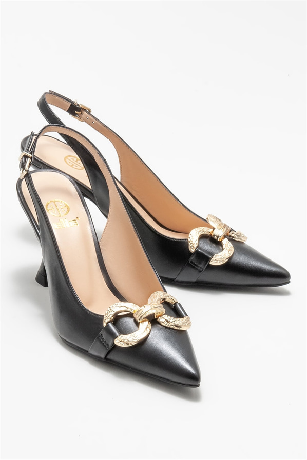 Siyah deri topuklu kadın ayakkabı - Elle Shoes