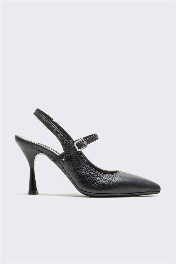 Siyah deri topuklu kadın ayakkabı - Elle Shoes