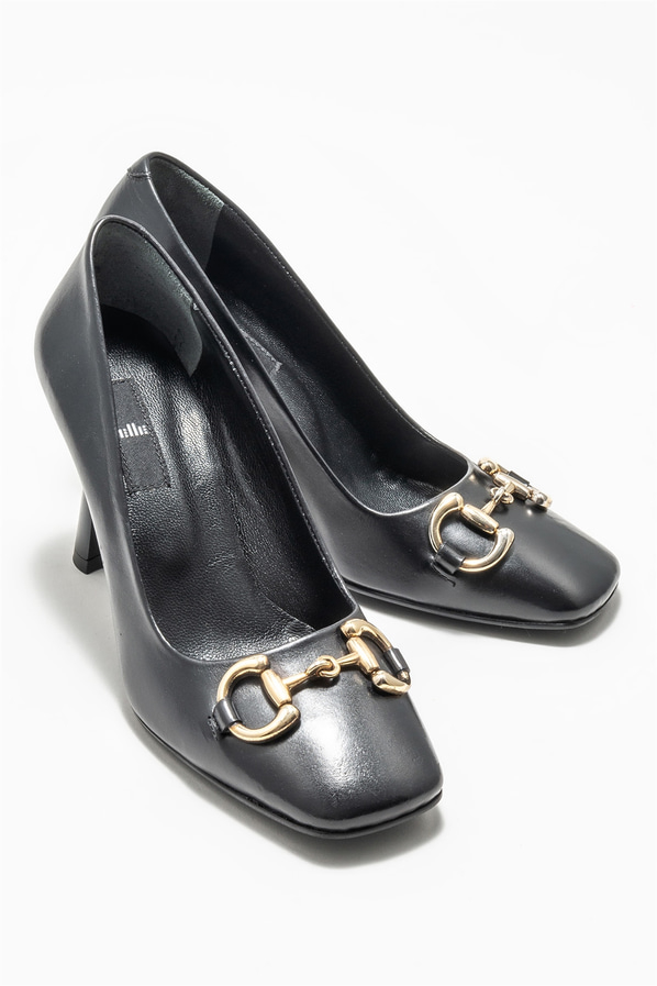 Siyah deri topuklu kadın ayakkabı - Elle Shoes
