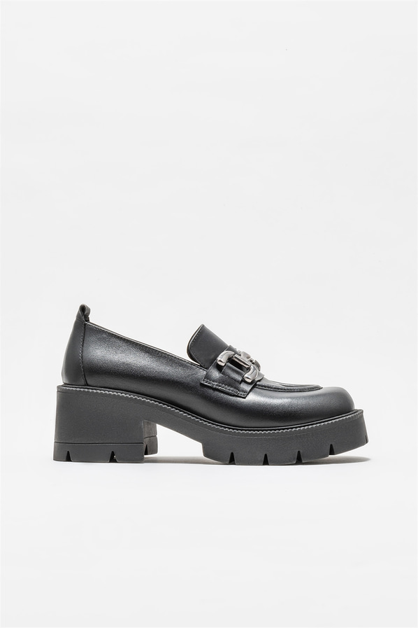 Siyah deri topuklu kadın ayakkabı - Elle Shoes