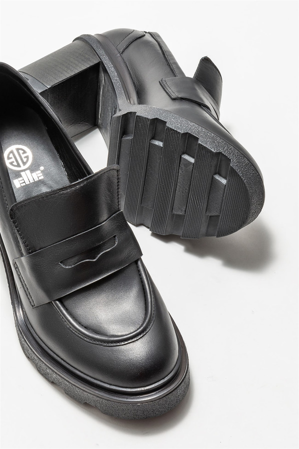 Siyah deri topuklu kadın ayakkabı - Elle Shoes