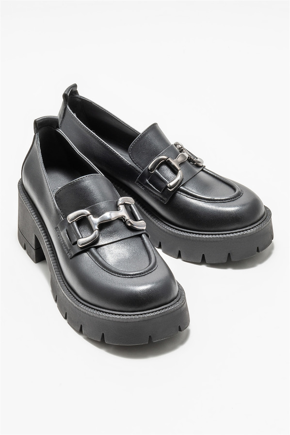 Siyah deri topuklu kadın ayakkabı - Elle Shoes