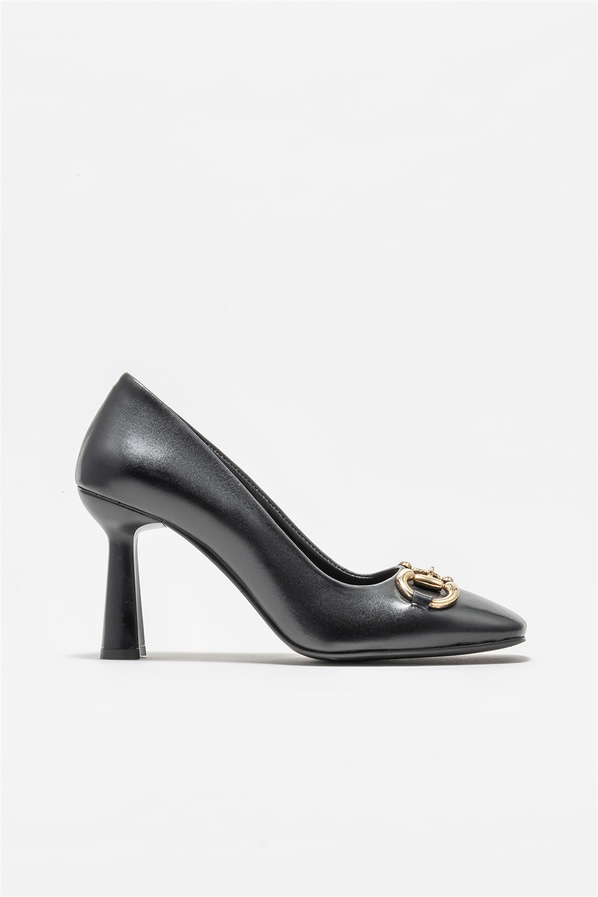 Siyah deri topuklu kadın ayakkabı - Elle Shoes