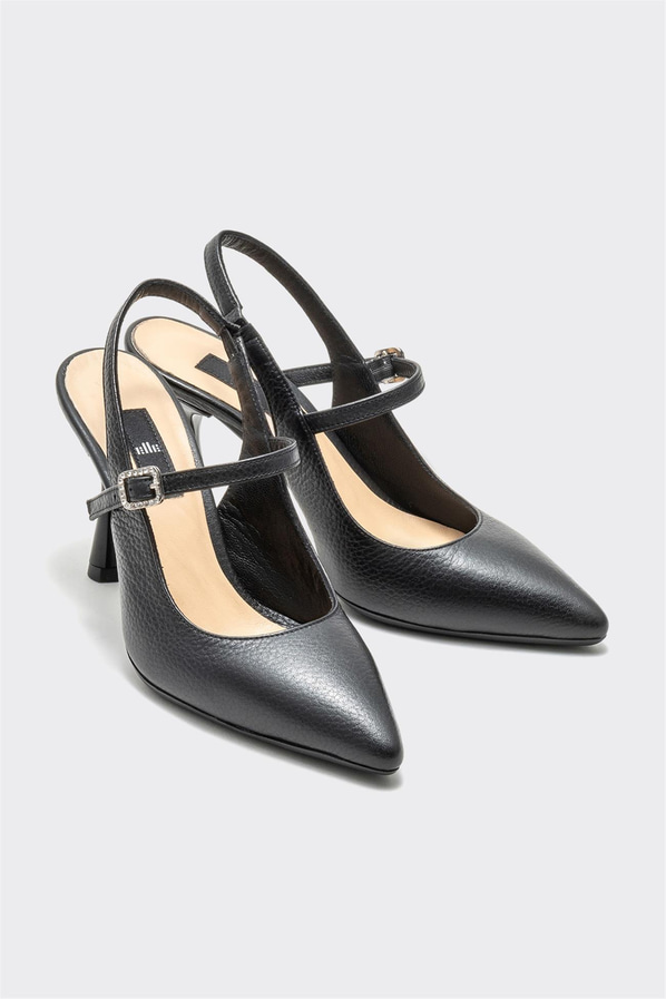 Siyah deri topuklu kadın ayakkabı - Elle Shoes