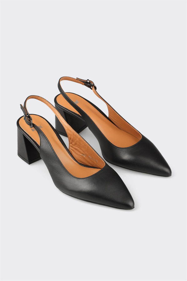 Siyah deri kalın topuklu kadın ayakkabı - Elle Shoes