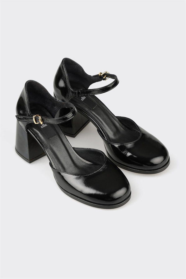 Siyah deri topuklu kadın ayakkabı - Elle Shoes