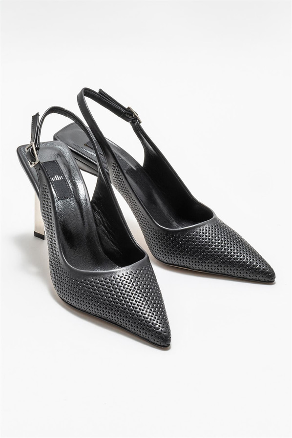 Siyah deri topuklu kadın ayakkabı - Elle Shoes