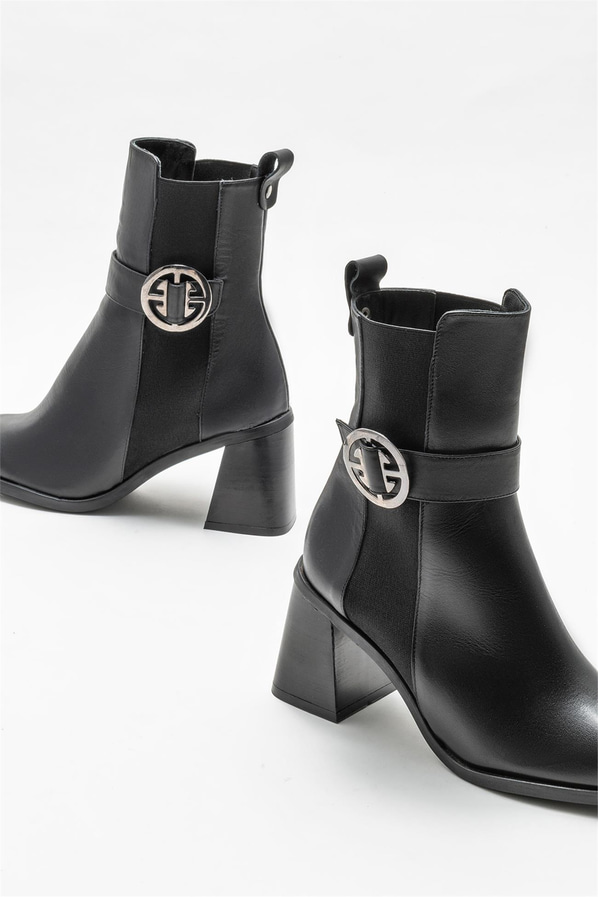 Siyah deri topuklu kadın bot - Elle Shoes