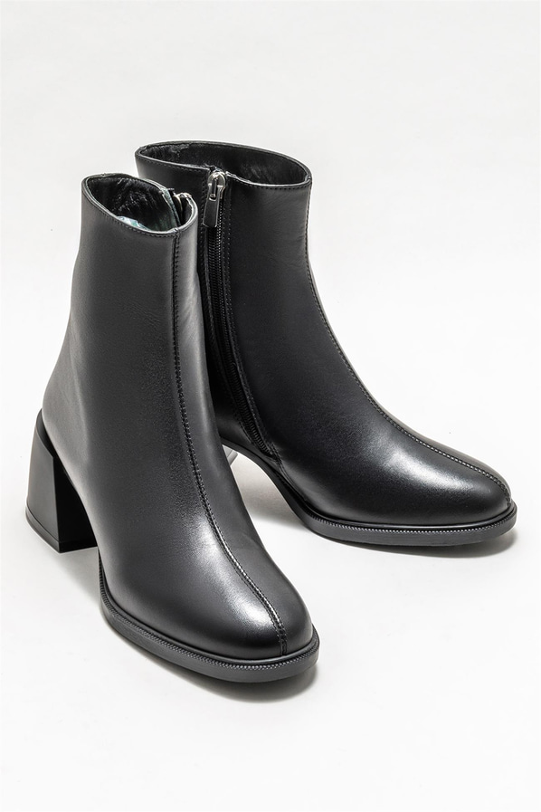 Siyah deri topuklu kadın bot, ofis stili için - Elle Shoes
