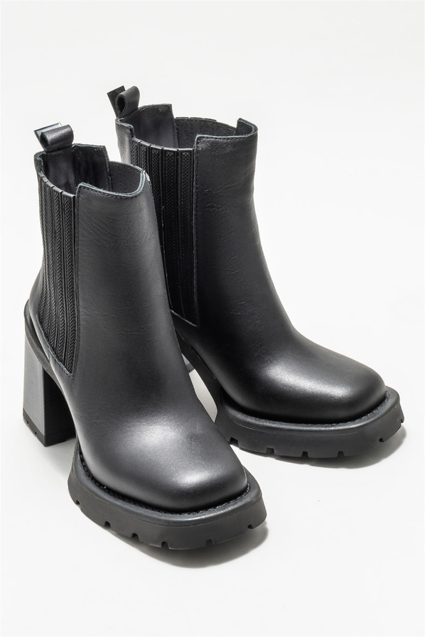 Siyah deri topuklu kadın bot - Elle Shoes