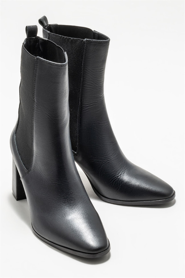 Siyah deri topuklu kadın bot - Elle Shoes