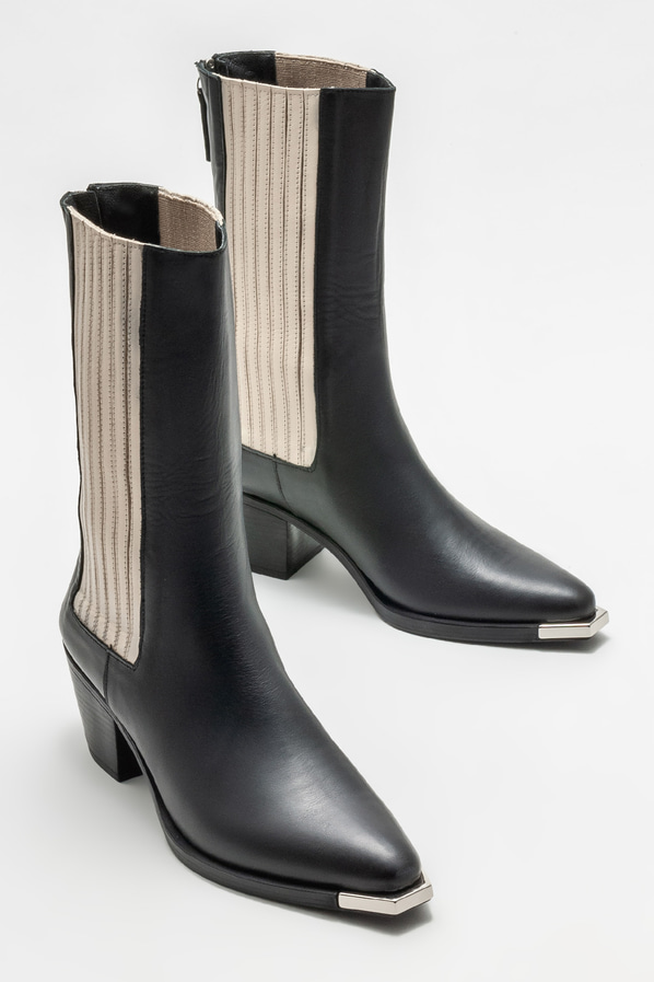 Siyah deri topuklu kadın bot - Elle Shoes